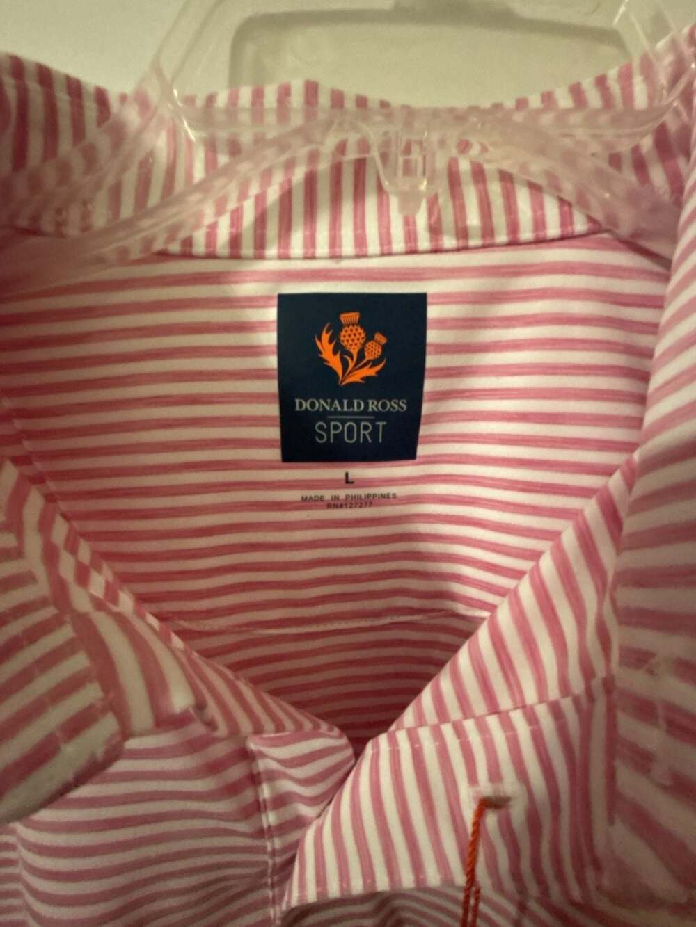 Donald Ross Sport Fancy Polo Size L Pink White Striped Golf Shirt
